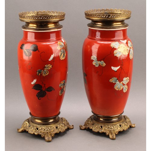 1366 - A pair of Japanese Meiji Period gilt metal mounted vases, converted to lamps, painted in the Satsuma... 