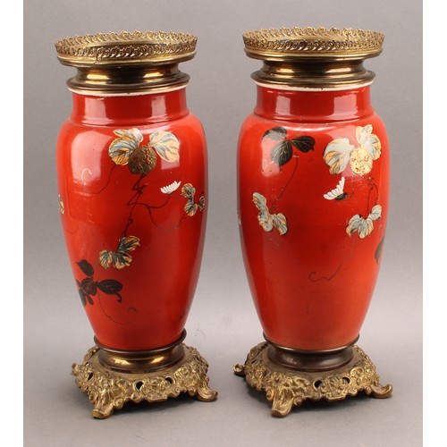 1366 - A pair of Japanese Meiji Period gilt metal mounted vases, converted to lamps, painted in the Satsuma... 