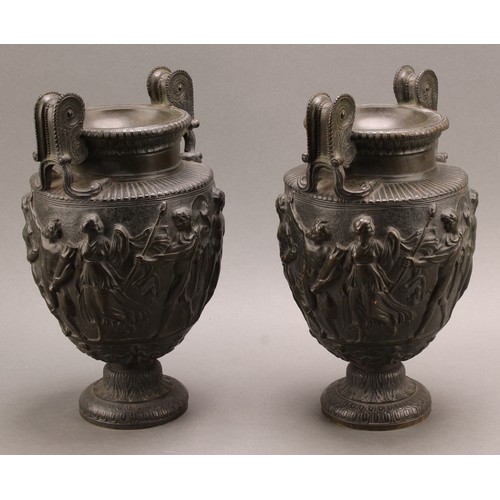 2401 - A pair of neoclassical patinated bronze kraters or vases, after the Charles Townley vase, cast in hi... 