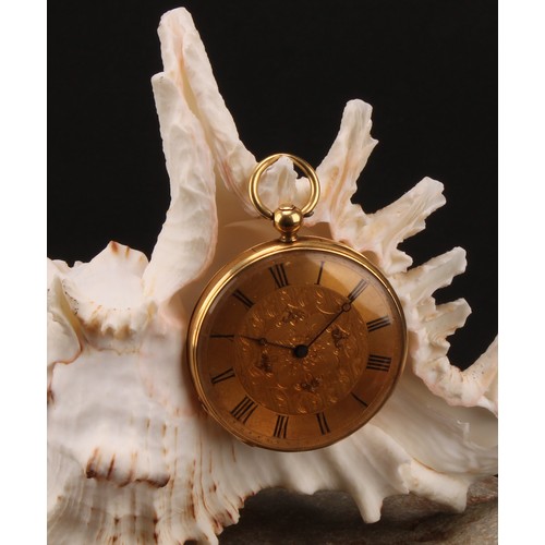 1155 - An 18ct gold fob watch, gold dial engraved and chased with foliate scrolls, Roman numerals, Morocco ... 