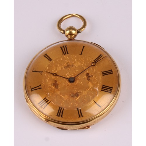 1155 - An 18ct gold fob watch, gold dial engraved and chased with foliate scrolls, Roman numerals, Morocco ... 