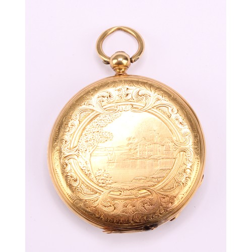 1155 - An 18ct gold fob watch, gold dial engraved and chased with foliate scrolls, Roman numerals, Morocco ... 