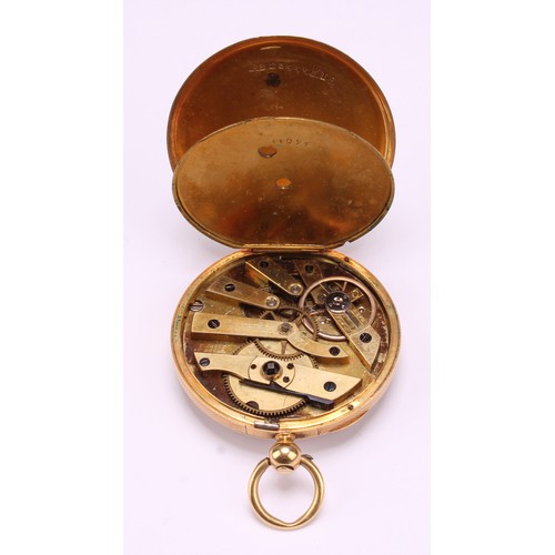 1155 - An 18ct gold fob watch, gold dial engraved and chased with foliate scrolls, Roman numerals, Morocco ... 