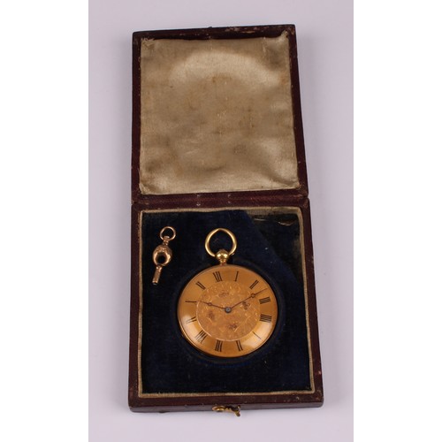 1155 - An 18ct gold fob watch, gold dial engraved and chased with foliate scrolls, Roman numerals, Morocco ... 