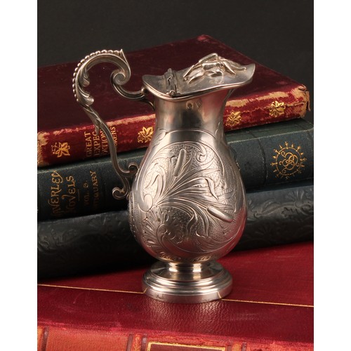 749 - A French silver pedestal baluster jug or flagon, chased with water reeds, hinged cover, beaded scrol... 