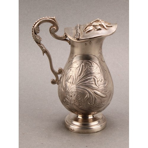 749 - A French silver pedestal baluster jug or flagon, chased with water reeds, hinged cover, beaded scrol... 