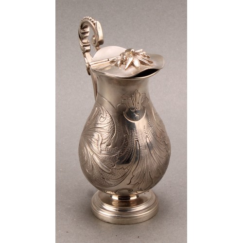 749 - A French silver pedestal baluster jug or flagon, chased with water reeds, hinged cover, beaded scrol... 