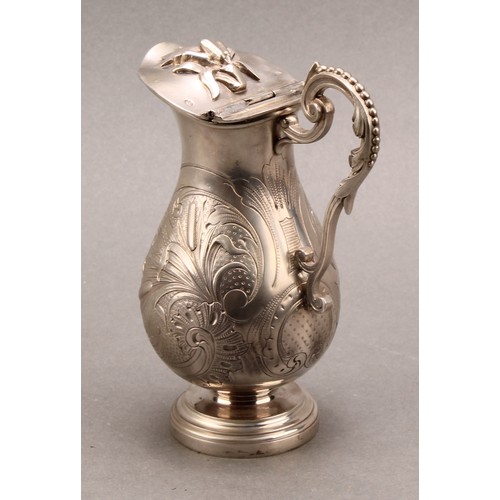 749 - A French silver pedestal baluster jug or flagon, chased with water reeds, hinged cover, beaded scrol... 