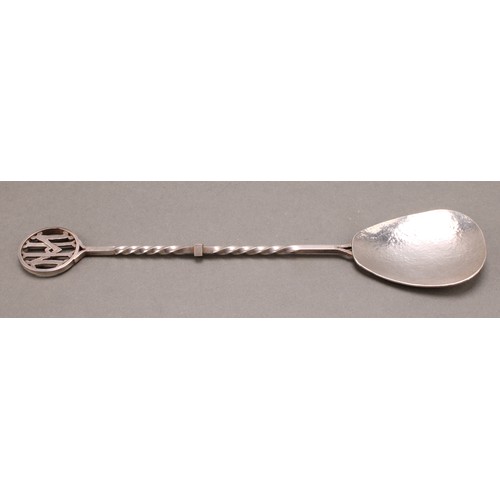 1000 - An Arts and Crafts style silver coloured metal serving spoon, planished bowl, twisted stem, pierced ... 