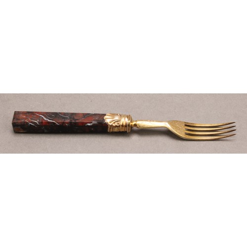 665 - A Victorian agate and silver-gilt fork, 18.5cm long, Henry Wilkinson & Co, Sheffield 1858