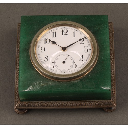 1010 - An early 20th century silver mounted aventurine desk timepiece, 4cm enamel clock dial inscribed with... 