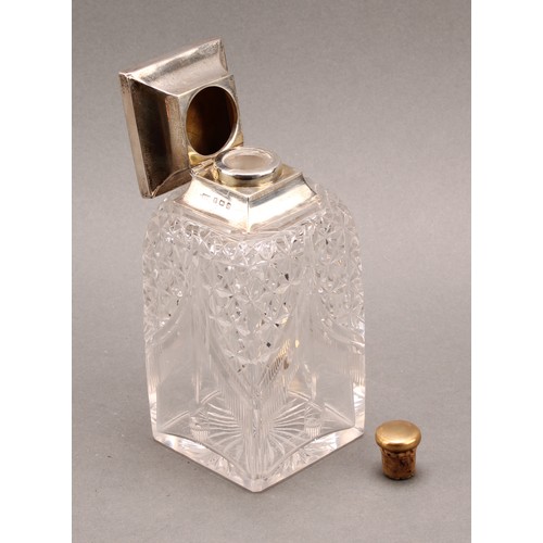 806 - A George V silver and enamel mounted square scent bottle, hinged cover decorated with a yellow rose ... 