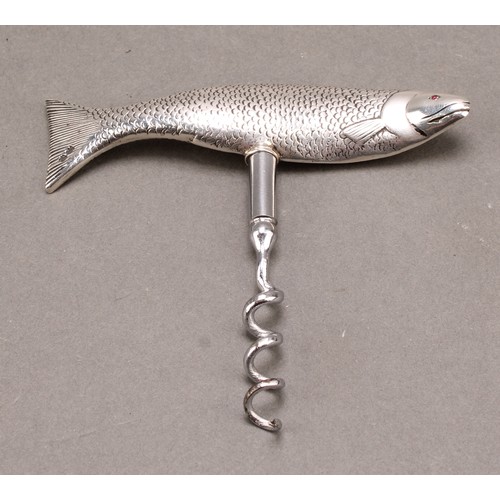 830 - A George VI silver novelty direct-pull corkscrew, the T-shaped handle as a salmon, 9cm to tip of wor... 