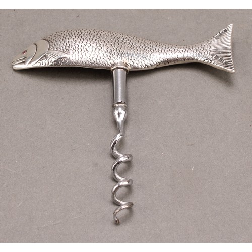 830 - A George VI silver novelty direct-pull corkscrew, the T-shaped handle as a salmon, 9cm to tip of wor... 