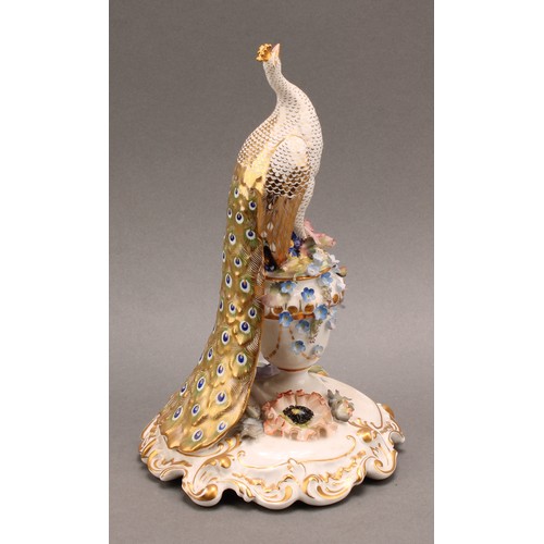 202 - A Royal Crown Derby porcelain model, of a Peacock, standing on a flower encrusted urn, tail down, pa... 