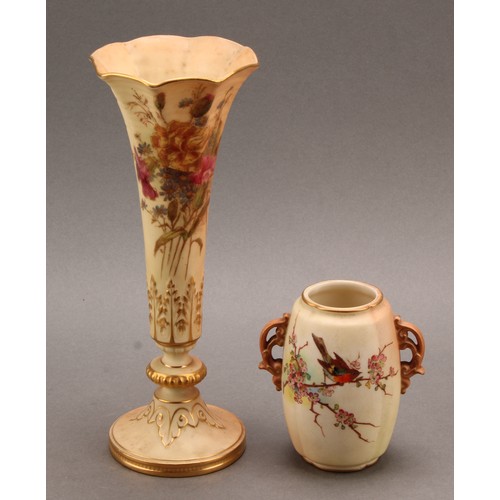 157 - A Royal Worcester trumpet shaped pedestal vase, decorated in polychrome, with flowers on a blush ivo... 