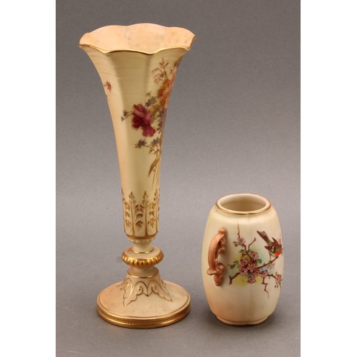 157 - A Royal Worcester trumpet shaped pedestal vase, decorated in polychrome, with flowers on a blush ivo... 