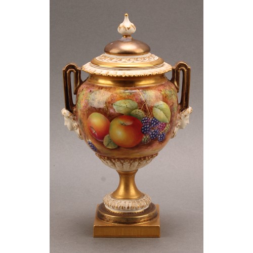 150 - A Royal Worcester ovoid two handled pedestal vase and cover, painted by Brian Leaman, signed, with r... 