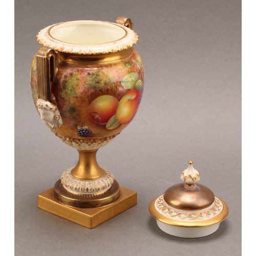 150 - A Royal Worcester ovoid two handled pedestal vase and cover, painted by Brian Leaman, signed, with r... 