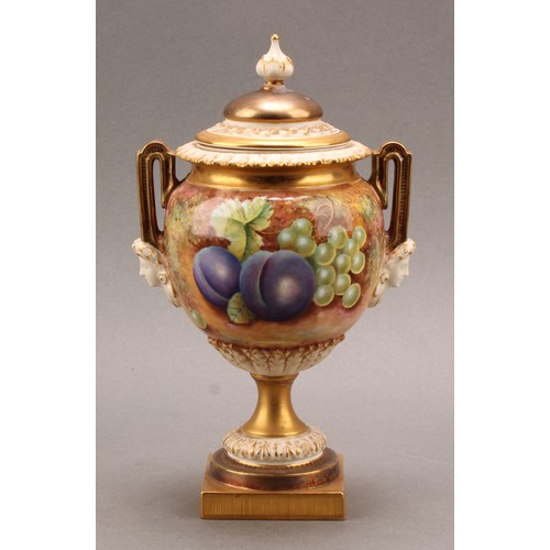 150 - A Royal Worcester ovoid two handled pedestal vase and cover, painted by Brian Leaman, signed, with r... 