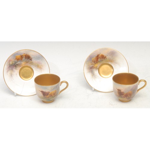 124 - A composed pair of Royal Worcester cabinet cups and saucers, painted by Stinton, signed, with Highla... 