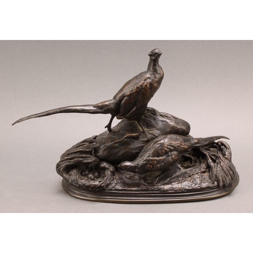 2399 - Auguste Cain (1821-1894), after, a dark patinated animalier cabinet bronze, hen and cock pheasant gu... 