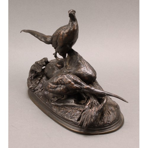 2399 - Auguste Cain (1821-1894), after, a dark patinated animalier cabinet bronze, hen and cock pheasant gu... 