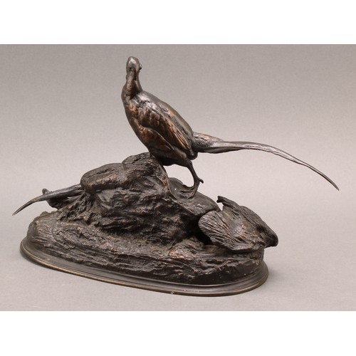 2399 - Auguste Cain (1821-1894), after, a dark patinated animalier cabinet bronze, hen and cock pheasant gu... 