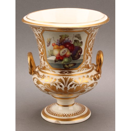 174 - A Derby campana shaped vase, decorated with ripening fruit within a canted gilt cartouche, the groun... 