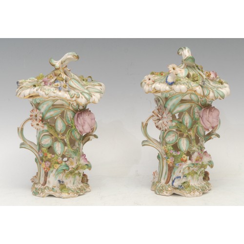 186 - A pair of Bloor Derby porcelain pot pourri vases and covers, each asymmetrical vase encrusted with c... 