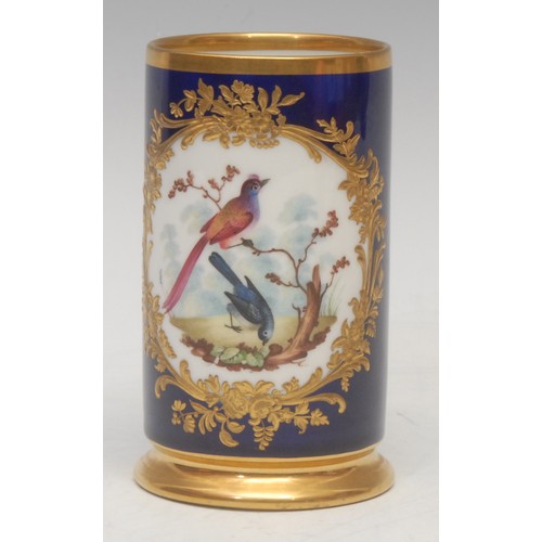 171 - A Bloor Derby cylindrical vase, painted with exotic birds, within a raised gilt cartouche of flowers... 