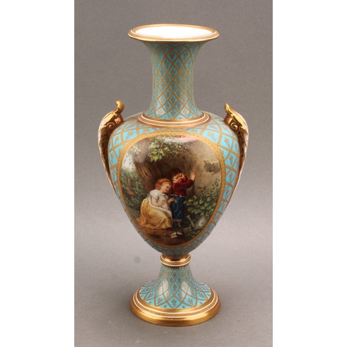 181 - A Derby porcelain pedestal vase, painted by James Rouse (1802-1884), signed, with a girl mending a b... 