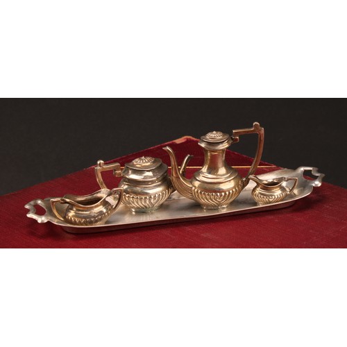 1053 - An Elizabeth II silver miniature four-piece half-fluted tea and coffee service on tray, comprising t... 