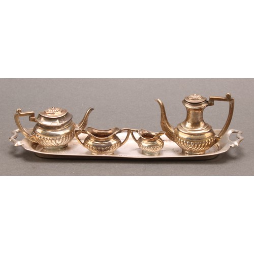 1053 - An Elizabeth II silver miniature four-piece half-fluted tea and coffee service on tray, comprising t... 