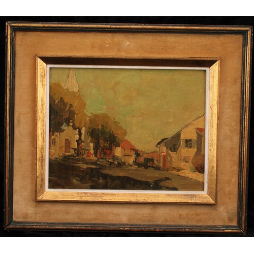 544 - Mid Century (Belgian School) 
Continental Village Square 
indistinctly signed, dated 1954, oil on bo... 