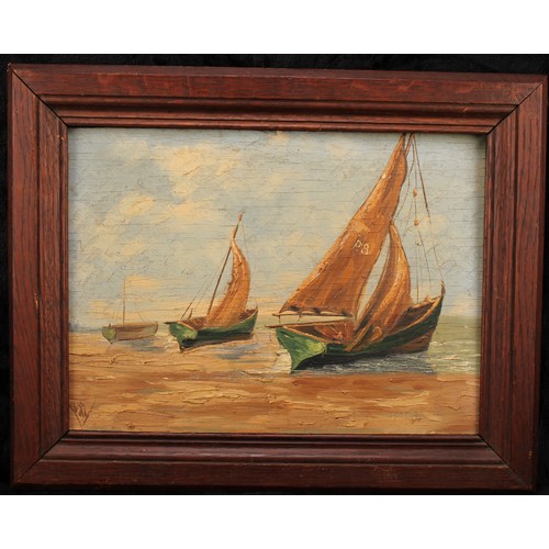 460 - Newlyn School (20th century) 
Yachts at Low Tide 
indistinctly monogrammed, oil on panel, 25cm x 34c... 