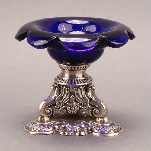 710 - A 19th century continental silver salt, cobalt blue lobed glass dish with traces of gilt, trefoil ba... 