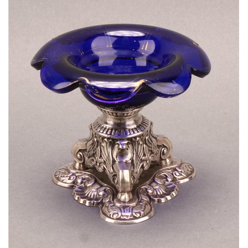 710 - A 19th century continental silver salt, cobalt blue lobed glass dish with traces of gilt, trefoil ba... 