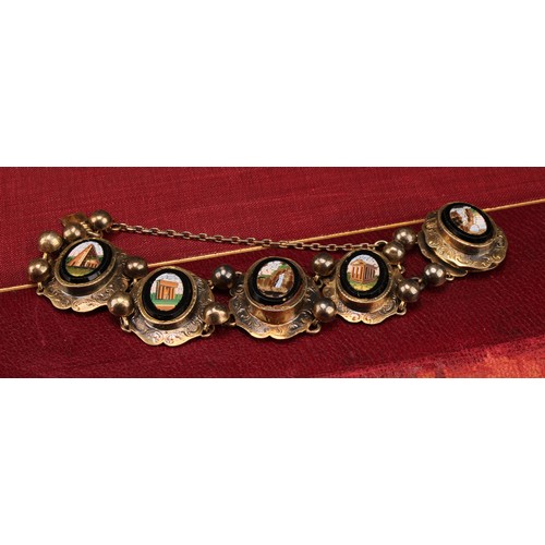 1213 - A late 19th century gilt brass Italian Grand Tour bracelet, applied with five micromosaic ovals depi... 