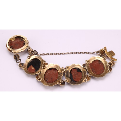 1213 - A late 19th century gilt brass Italian Grand Tour bracelet, applied with five micromosaic ovals depi... 