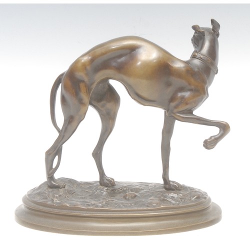 2088 - An early 20th century bronze, of a greyhound in full aspect, stepped oval base, 19cm high, 19cm long