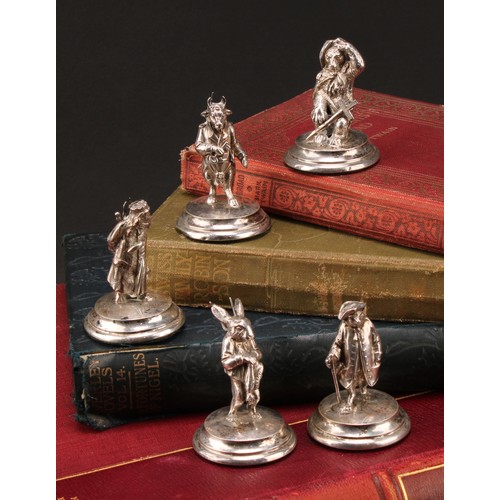 1138 - A set of five late Victorian silver plated figural menu holders, cast as anthropomorphic animals in ... 