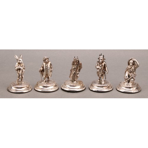 1138 - A set of five late Victorian silver plated figural menu holders, cast as anthropomorphic animals in ... 