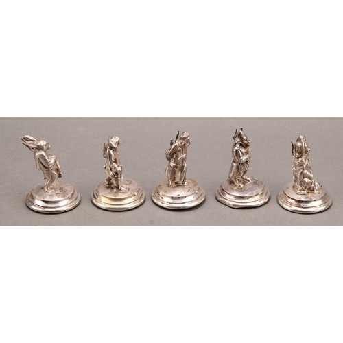 1138 - A set of five late Victorian silver plated figural menu holders, cast as anthropomorphic animals in ... 