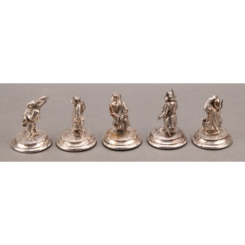 1138 - A set of five late Victorian silver plated figural menu holders, cast as anthropomorphic animals in ... 