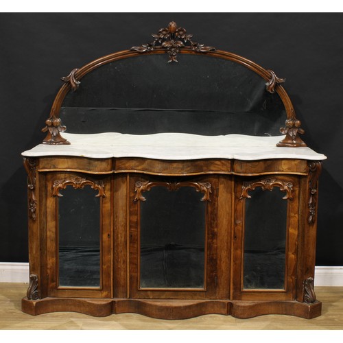 2461 - A Victorian rosewood side cabinet, arched mirror plate above a marble top and three doors, each set ... 