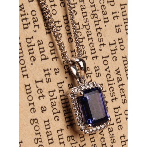 1172 - 18ct white gold Tanzanite and Diamond pendant necklace, the pendant set with an emerald cut approx. ... 