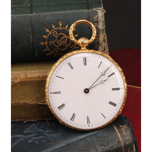 1142 - A French 18ct gold pocket watch, white enamel dial, bold Roman numerals, minute track, embossed and ... 