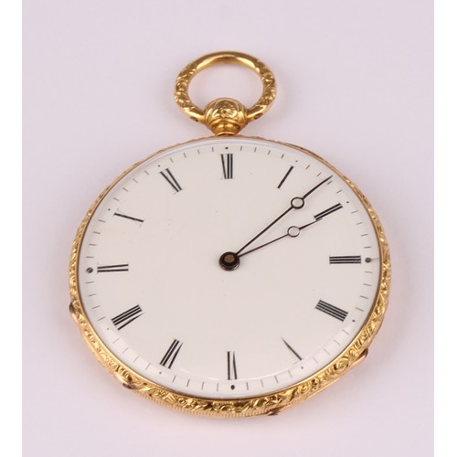 1142 - A French 18ct gold pocket watch, white enamel dial, bold Roman numerals, minute track, embossed and ... 