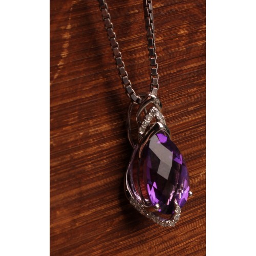 1182 - 9ct white gold Amethyst and Diamond pendant on a fine sterling silver box link chain, pendant is set... 